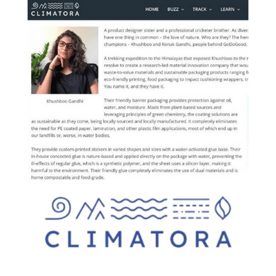 Climatora website page with a woman and text about their product.