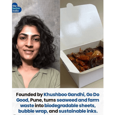 Person on the left and a box of food on the right with text about Go Do Good's initiatives.