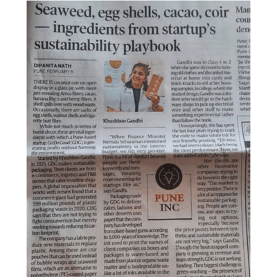 Newspaper article about a startup's sustainability playbook with visible text and logo.